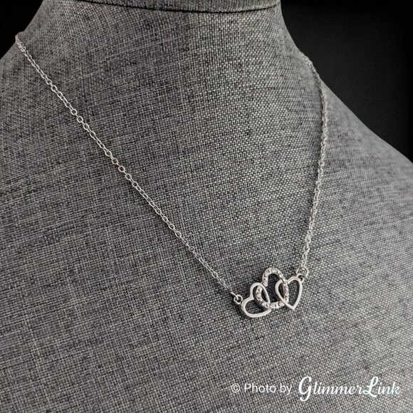Triple Interlocked Heart Rhinestone Silver Tone Pendant Necklace - Picture 2 of 11